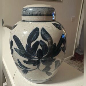 Vintage Ginger Jar With Lid- Painted Floral Stoneware- Asian Style